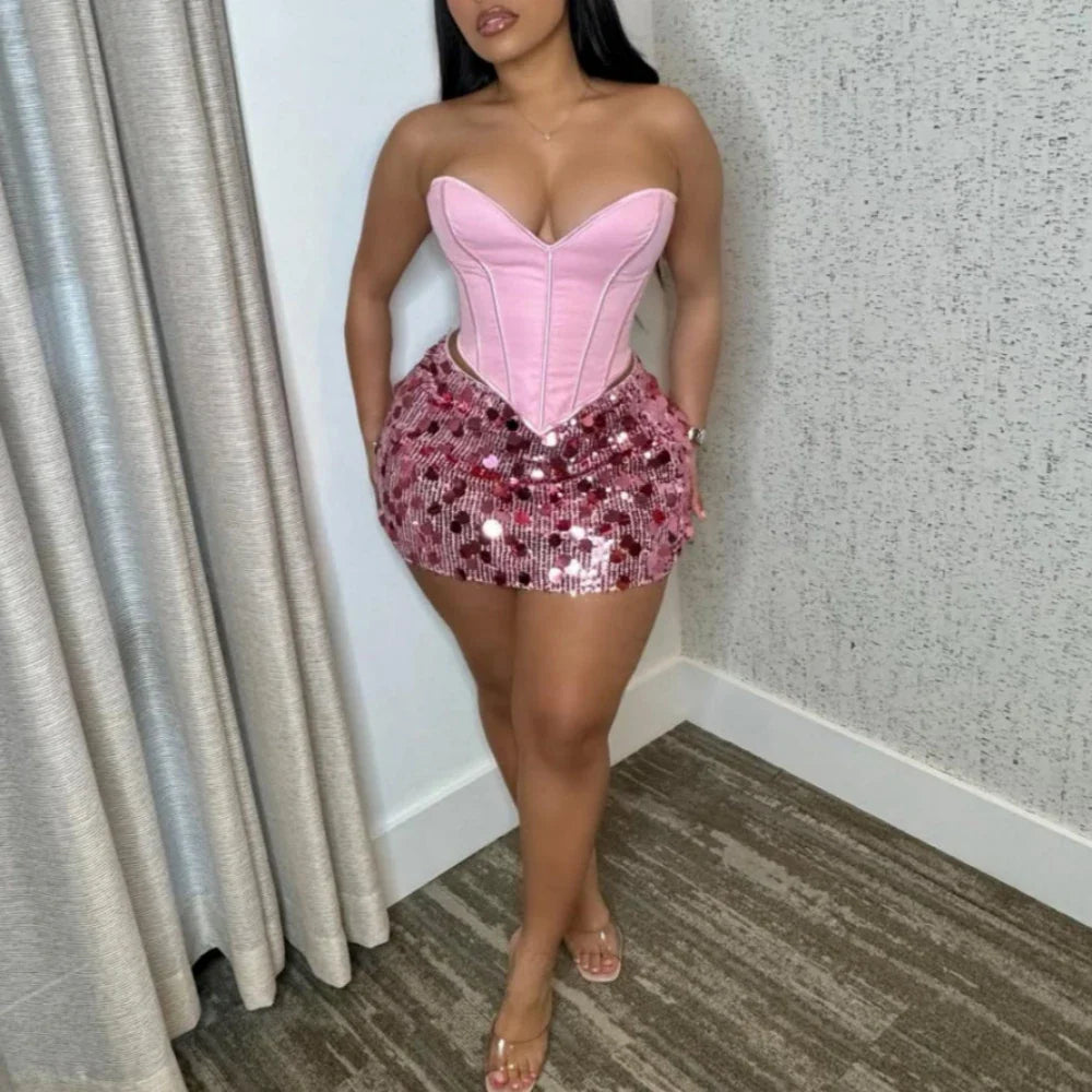 Corset Sequin Skirt Set