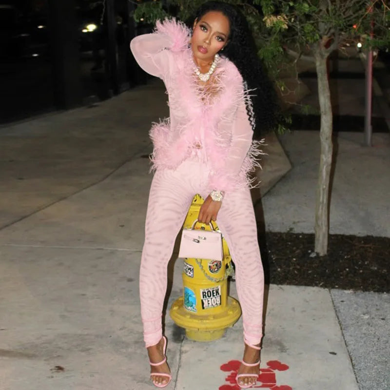 Fluffy Feather Mesh Pants Set