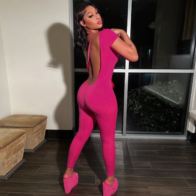 Casual Backless Jumpsuit Rose Red