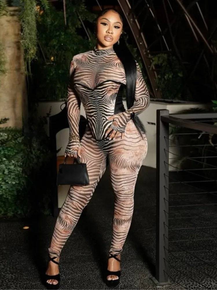 Zebra Print Mesh Jumpsuit Khaki