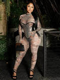 Zebra Print Mesh Jumpsuit Khaki