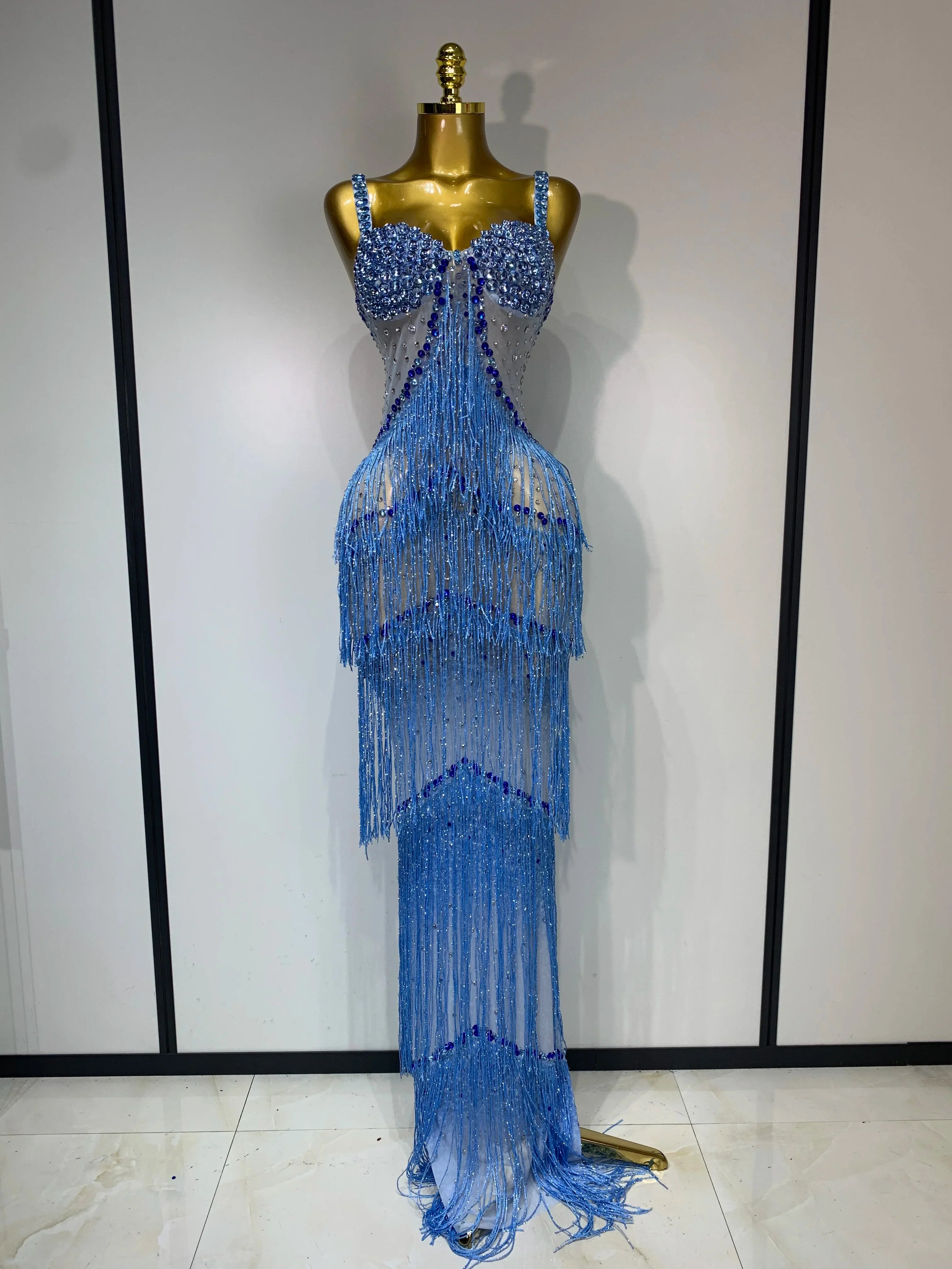 Charline Rhinestone Fringe Maxi Dress SKY BLUE