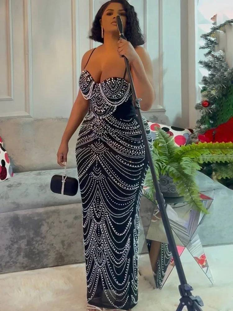 A Pearl Rhinestone Maxi Dress black