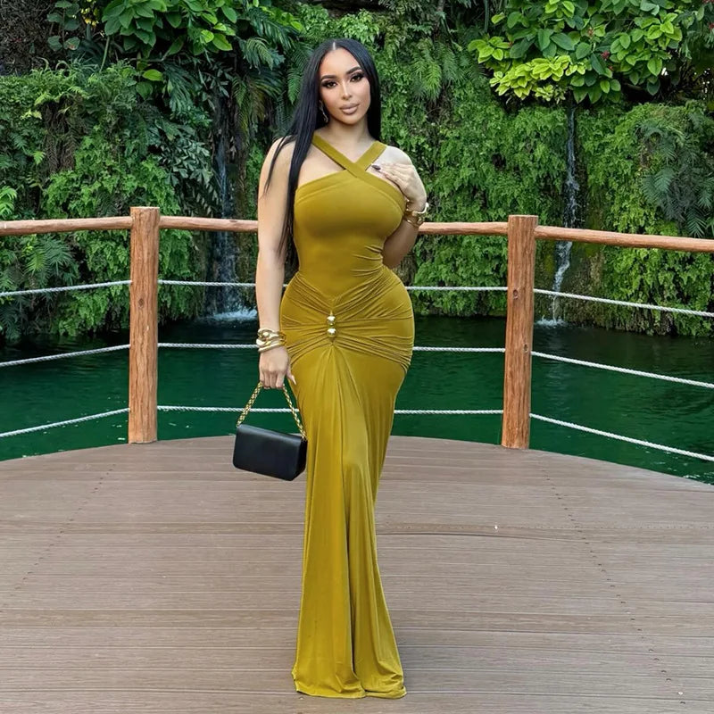 Cross Neck Ruched Maxi Dress