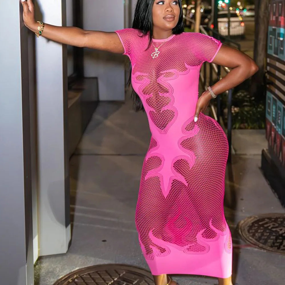 Flame Print Mesh Bodycon Dress Pink One Size