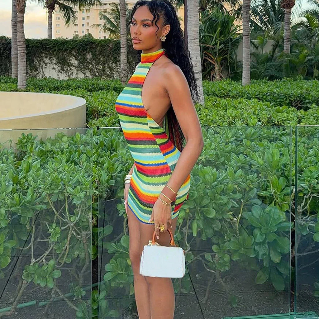 Striped Halter Knitted Mini Dress