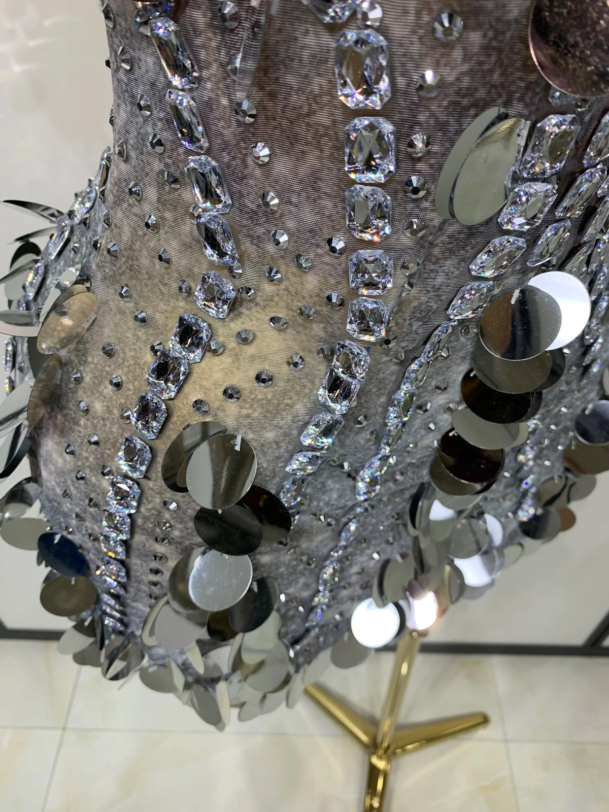Silver Rhinestone Sequins Mini Dress