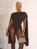 Chic Swing Collar Bodysuit Jumpsuit Brown