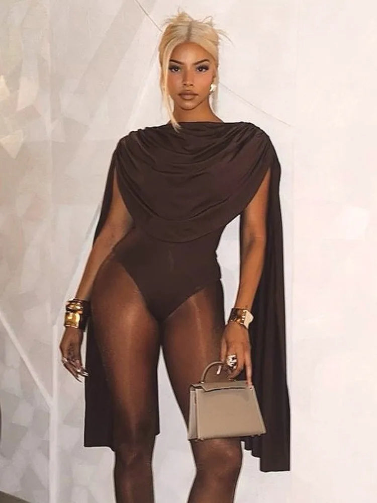 Chic Swing Collar Bodysuit Jumpsuit Brown