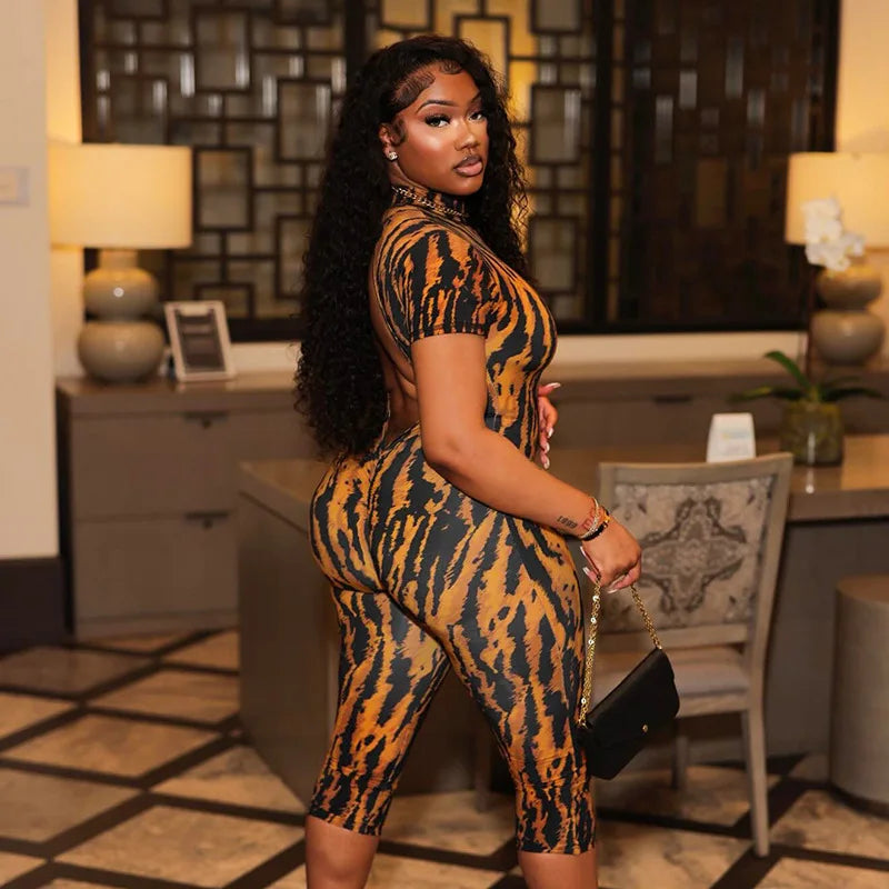 Zebra Print Mock Neck Capri Jumpsuit