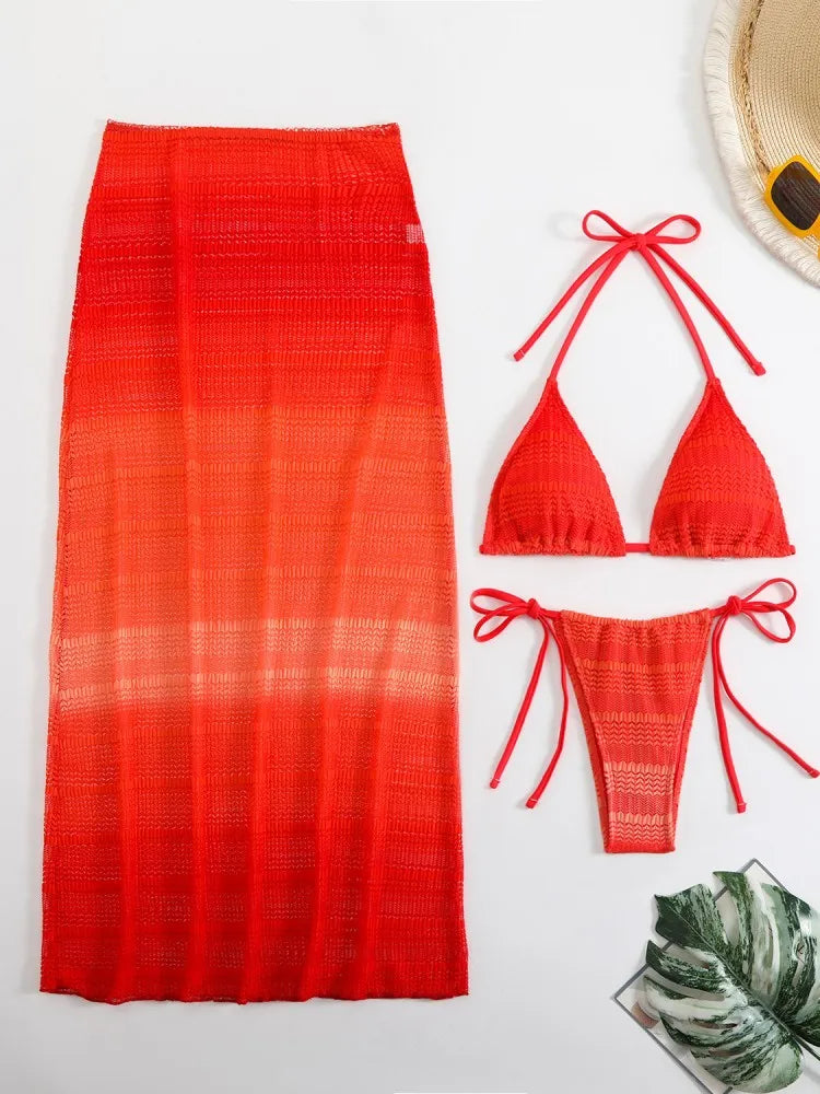 Gradient Mesh Skirt Bikini Set Red