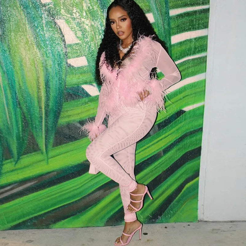 Fluffy Feather Mesh Pants Set