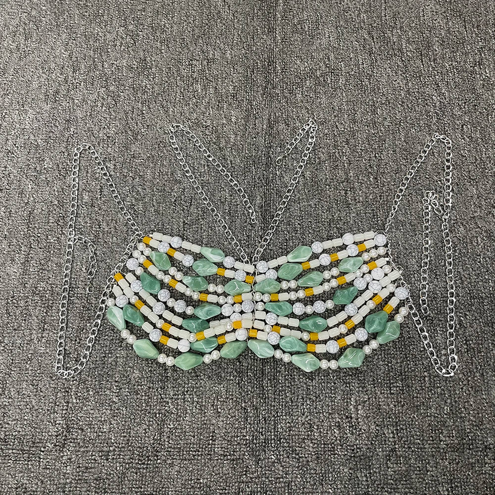 Pearl Tassel Crop Top CYAN One Size