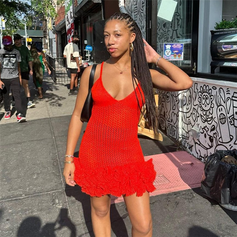 Knitted Midnight Ruffle Dress Red