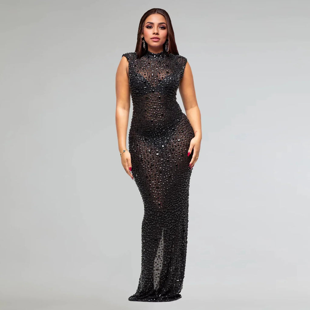 Hot Rhinestone Bodycon Maxi Dress