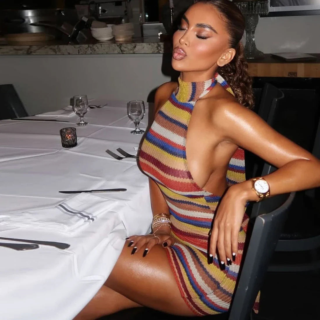 Striped Halter Knitted Mini Dress