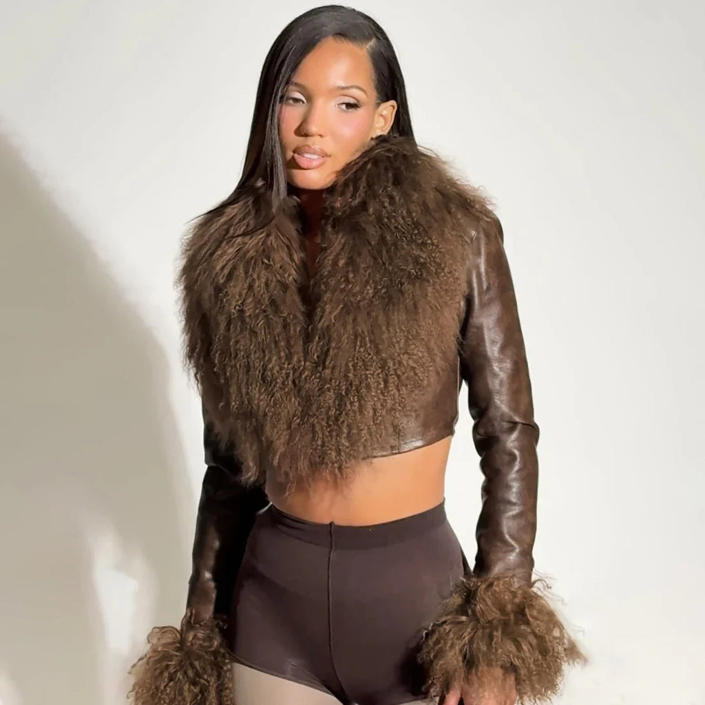 Faux Leather Fur Jacket Brown
