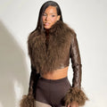 Faux Leather Fur Jacket Brown