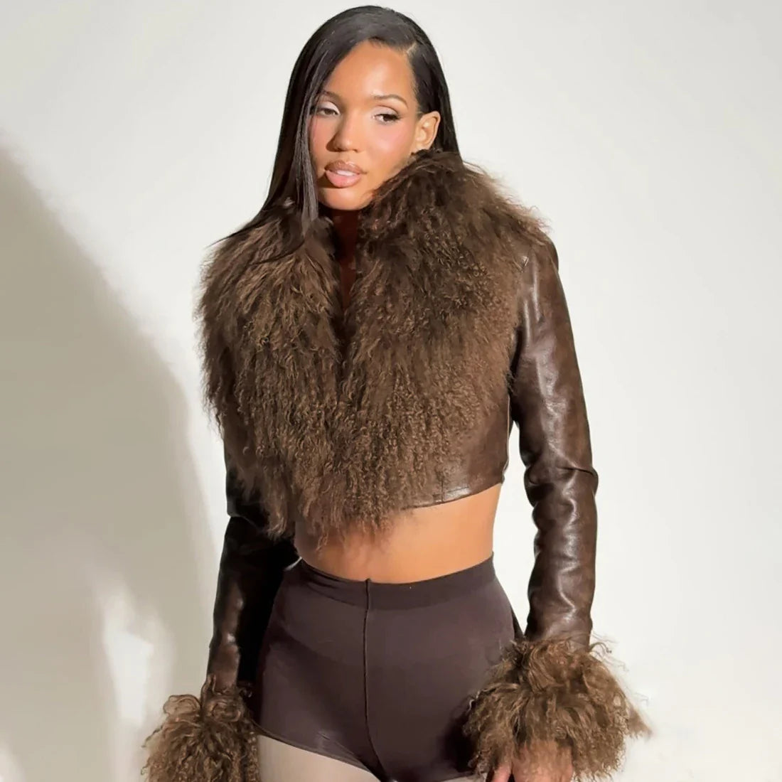 Faux Leather Fur Jacket Brown