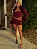 Shawl Fur Skirt Set Burgundy