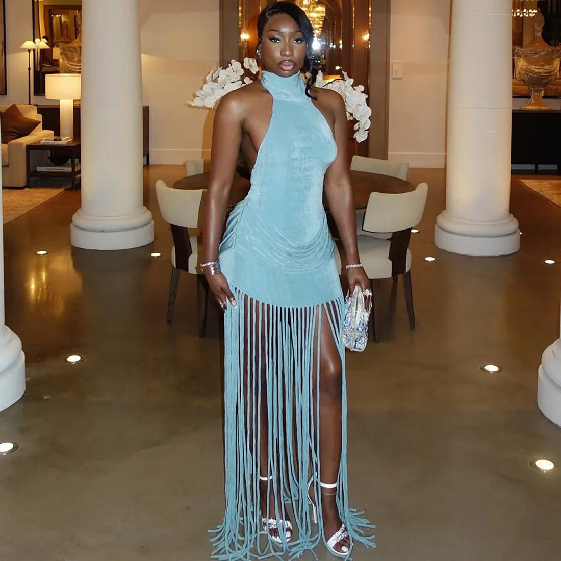 Fringe Backless Maxi Dress