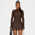 Illusion Mesh Romper Dress Brown