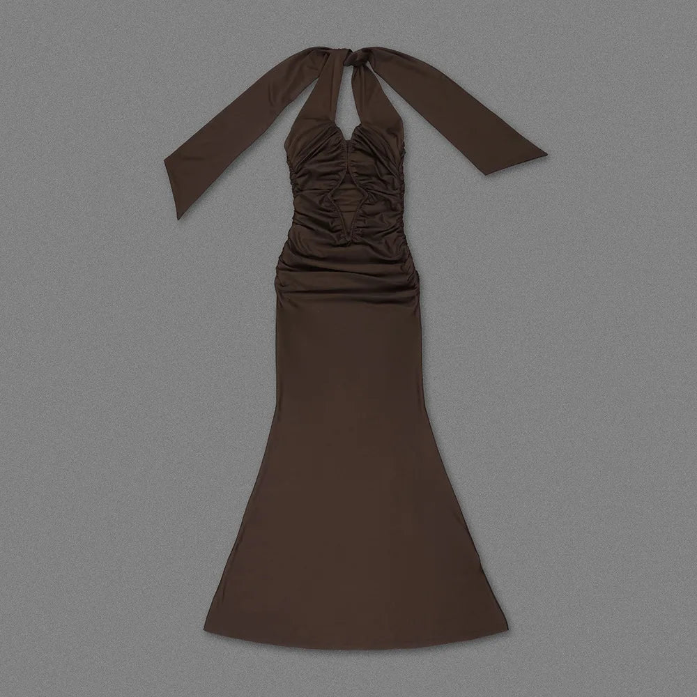 Brown Ruched Maxi Dress