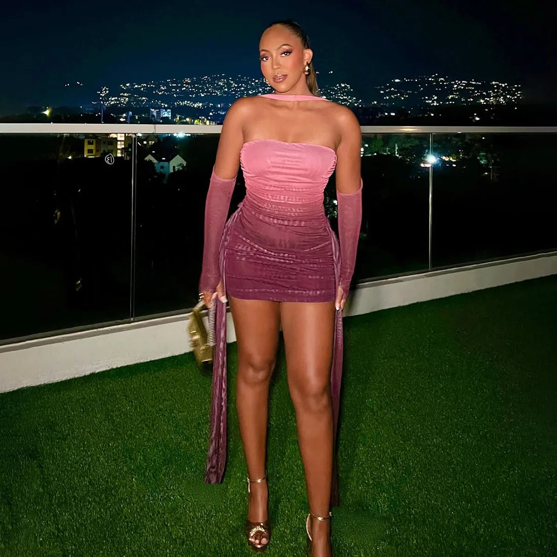 Mesh Drama Sleeve Dress Purple