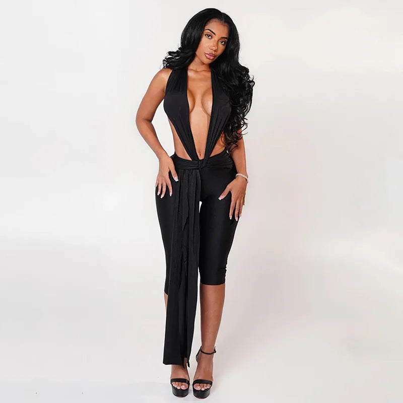 Temptation Wrap Capri Jumpsuit Black