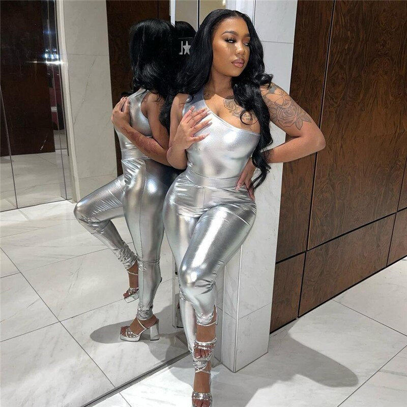 Shiny Metallic Off Shoulder Set Silver
