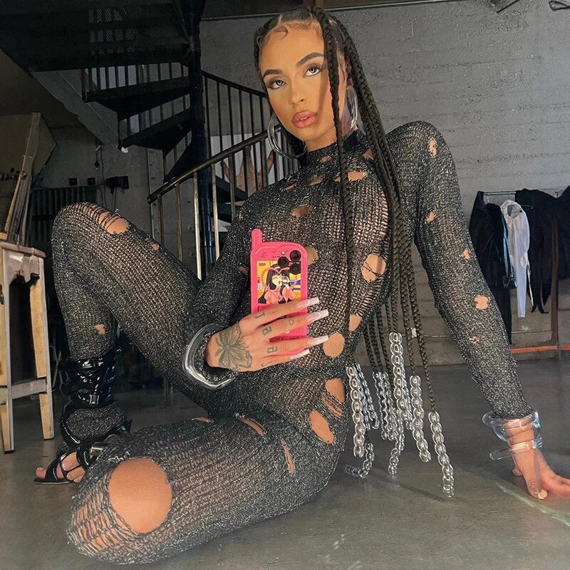Hollow Ripped Knitted Jumpsuit Black