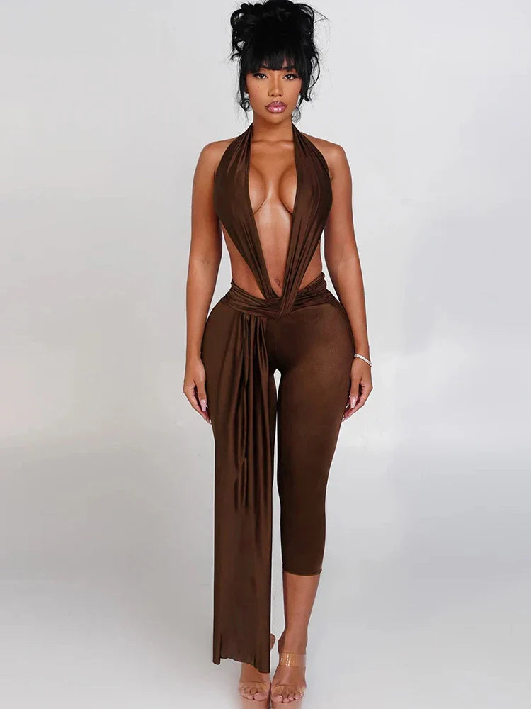 Ribbon Backless Romper Brown