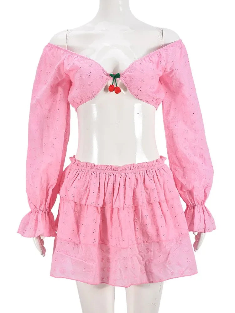 Cherry Tiered Skirt Set Pink