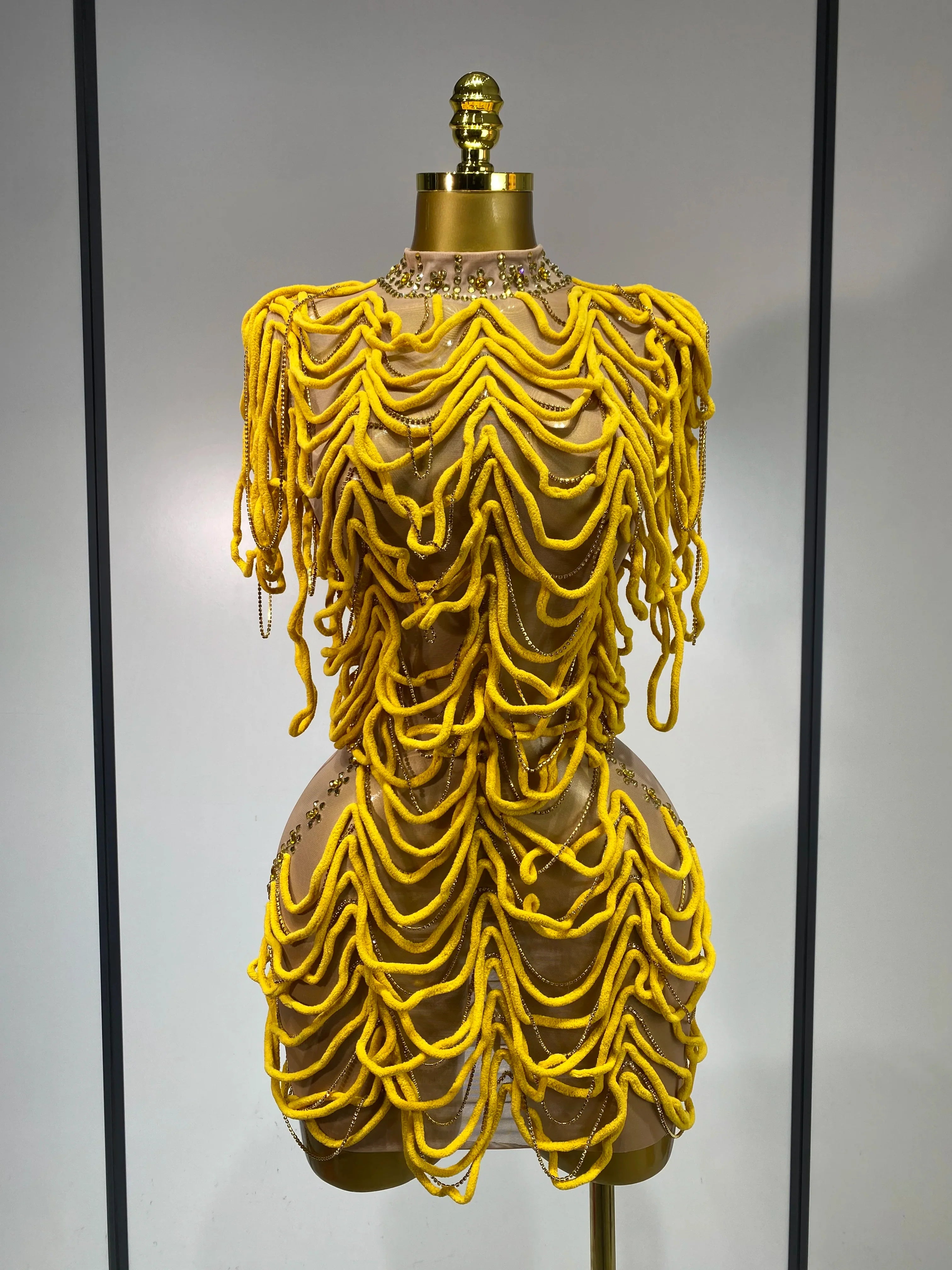 Venia Rhinestone Dress Yellow