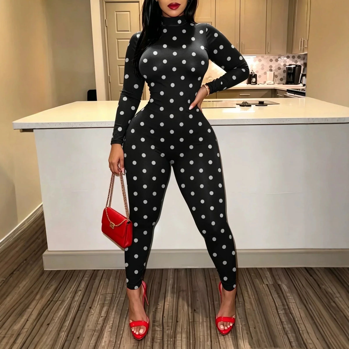 Retro Polka Dot Mock Neck Jumpsuit