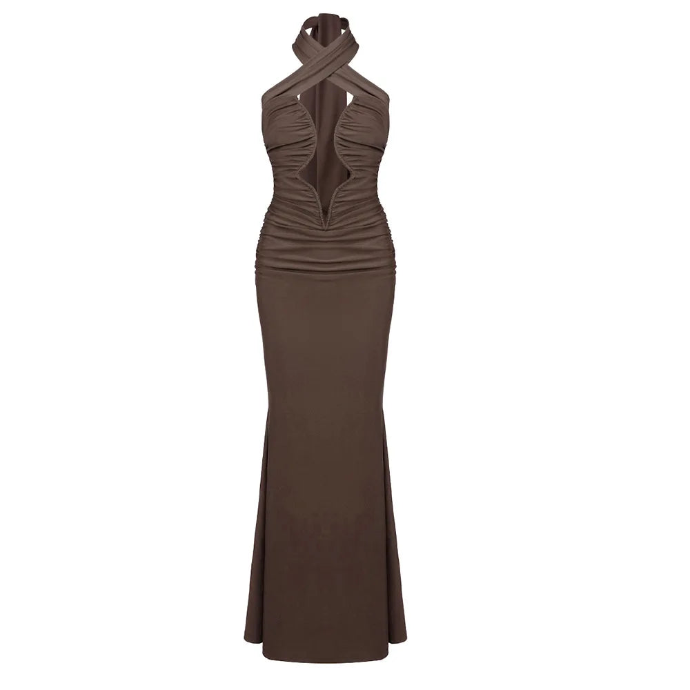 Brown Ruched Maxi Dress