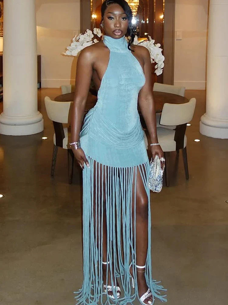 Velvet Ruched Tassel Backless Dress