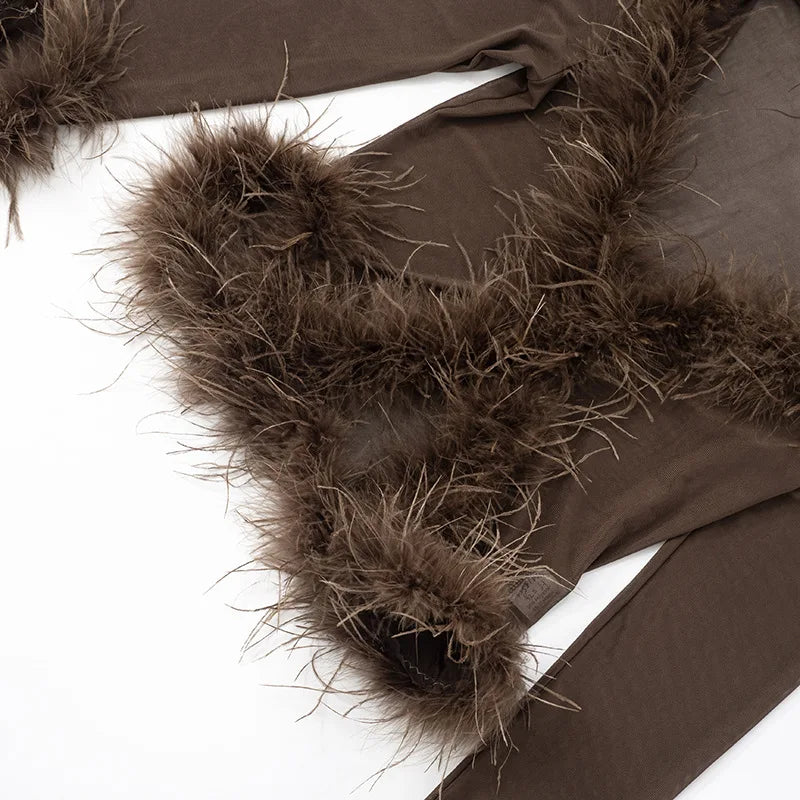 Fluffy Feather Mesh Pants Set