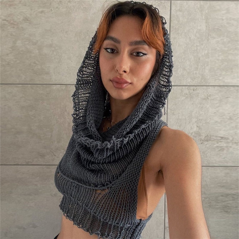 Knit Hooded Wild Tank Top Gray