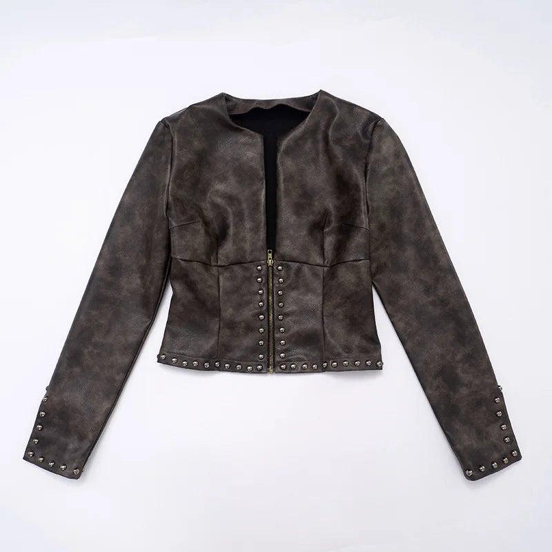 Chrome Studded Leather Crop Jacket