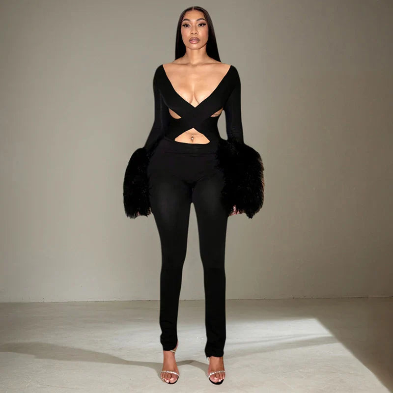 Faux Fur Bell Sleeve Jumpsuit