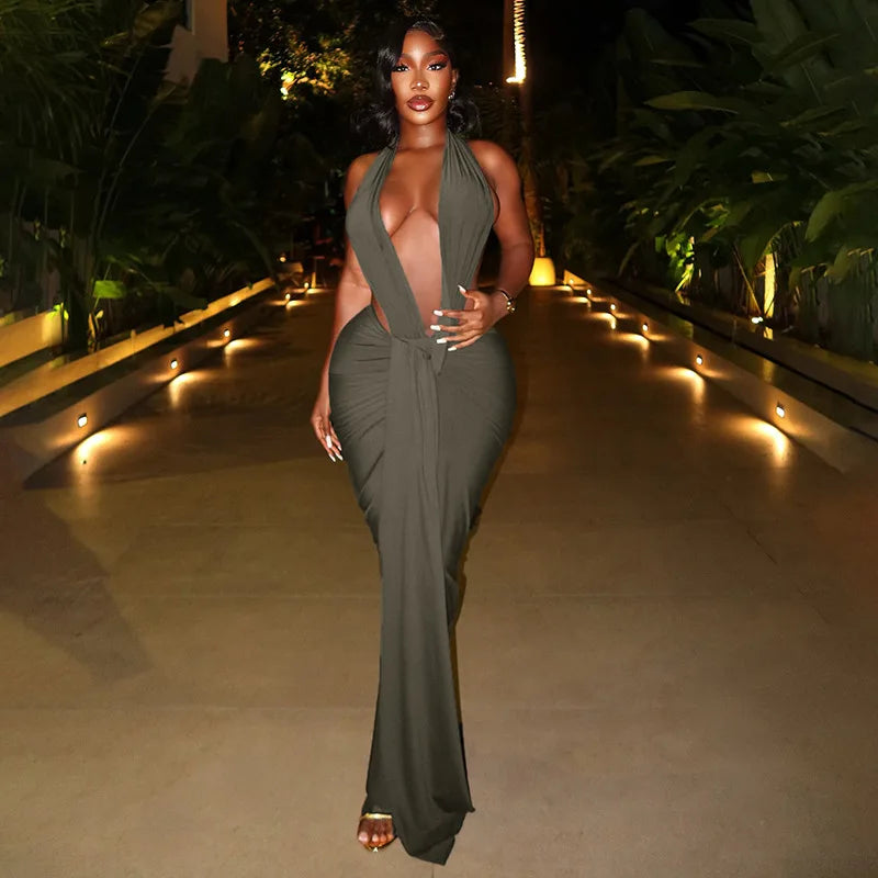 Lyla Ruched V-Neck Backless Dress