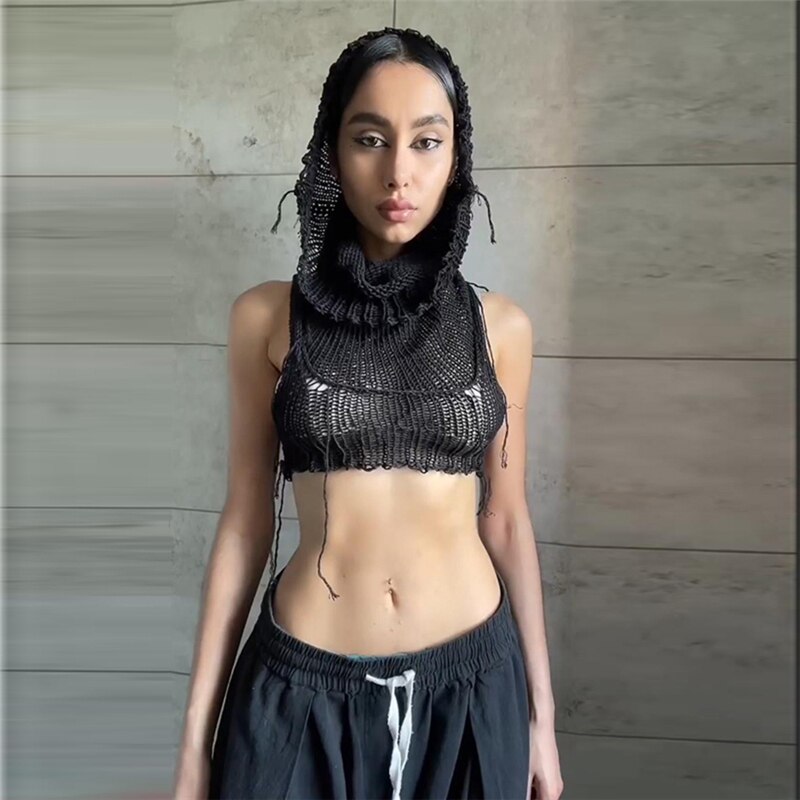 Knit Hooded Wild Tank Top Black