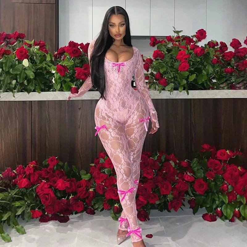 See Through Cleavage Jumpsuit Pink