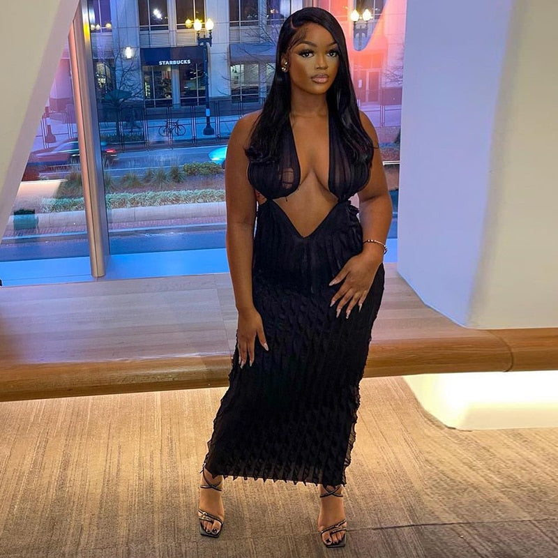 Deep Cleavage Sexy Maxi Dress Black