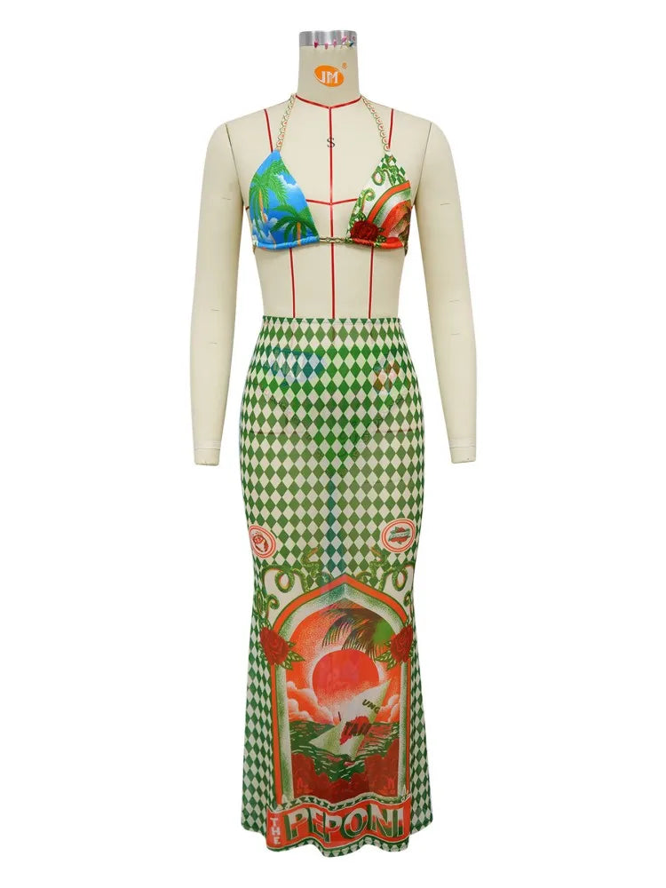 Lola Mesh Skirt + Bikini Set Green Grid
