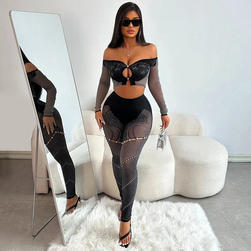 Off-Shoulder Long Sleeve Mesh Set Black