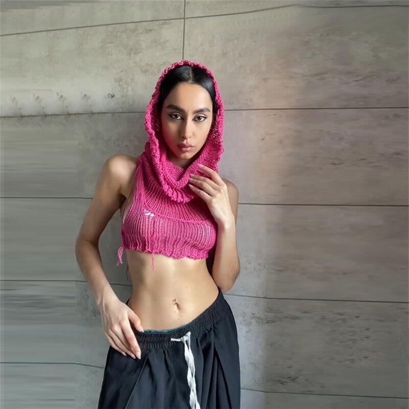Knit Hooded Wild Tank Top Pink