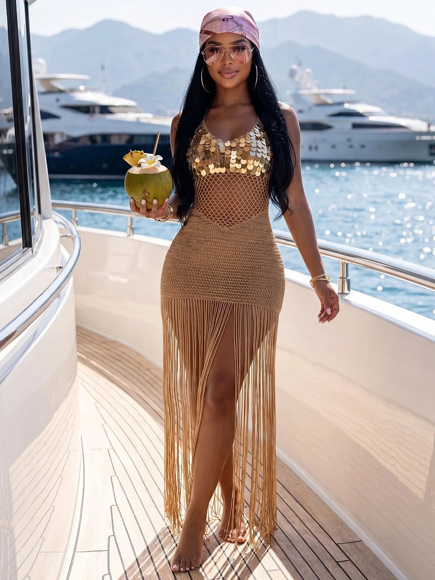 Sequined Knitted Fringe Maxi Dress