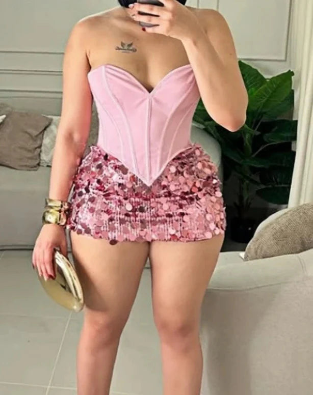 Corset Sequin Skirt Set